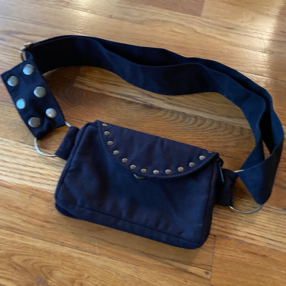 Slim & sleek Black cotton adjustable Fanny pack with bronze studs and hardware